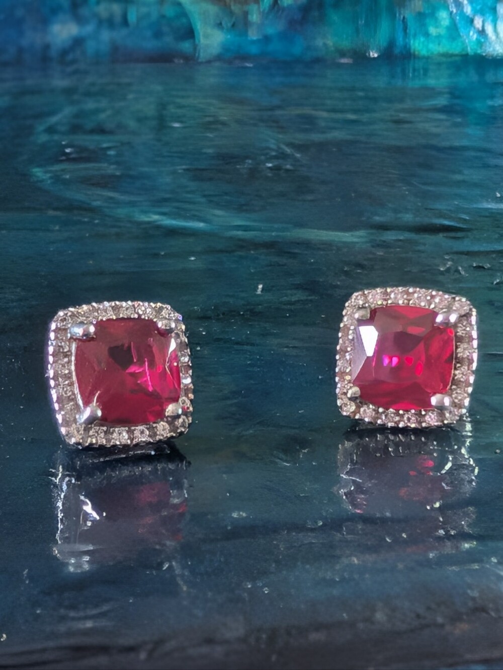 Cushion Cut Ruby & Round White CZ Sterling Silver Stud Earrings